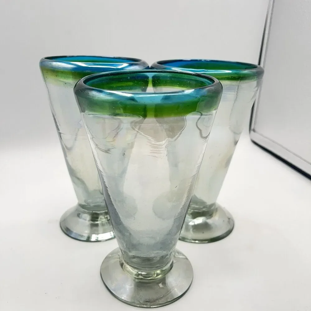Three Hand Blown Stemware V-Shaped Glasses All Iridescent Green & Blue Band